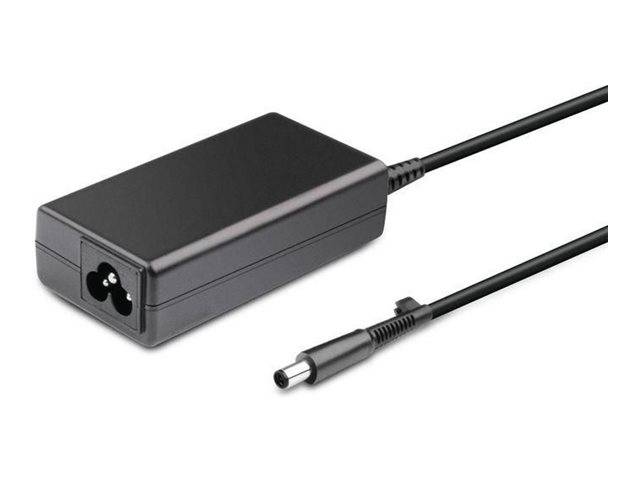 Schwarzer Netzteil mit angeschlossenem Kabel und rundem DC-Stecker auf weißem Hintergrund.