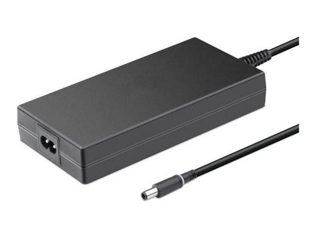 Schwarzer rechteckiger AC-Stromanschlussadapter mit angeschlossenem Kabel und Hohlstecker-Stecker auf weißem Hintergrund.