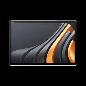 Ein Tablet mit einem eleganten, schwarzen und orangefarbenen geschwungenen Design auf dem Bildschirm, vor einem schwarzen Hintergrund.