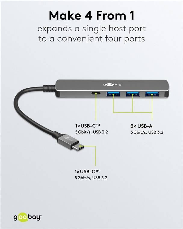 GOOBAY USB3.2 Hub 79158 Slim 4 Port USB-C auf USB-C/USB-A 5 Gbit/s