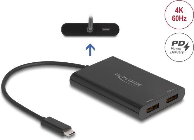 „Delock USB-C Multiport-Adapter mit HDMI-, USB- und Ethernet-Anschlüssen. Ein USB-C-Kabel verbindet den Adapter mit einem Gerät.