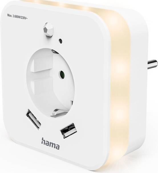 Weiße intelligente Steckdose mit zwei USB-Anschlüssen, Stromschalter oben und LED-Anzeigeleuchte, mit der Bezeichnung „hama