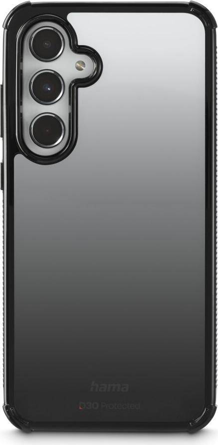 Ein elegantes schwarzes Smartphone mit einer sichtbaren hinteren Kamerlinse in der oberen linken Ecke, vor einem einfachen Hintergrund.