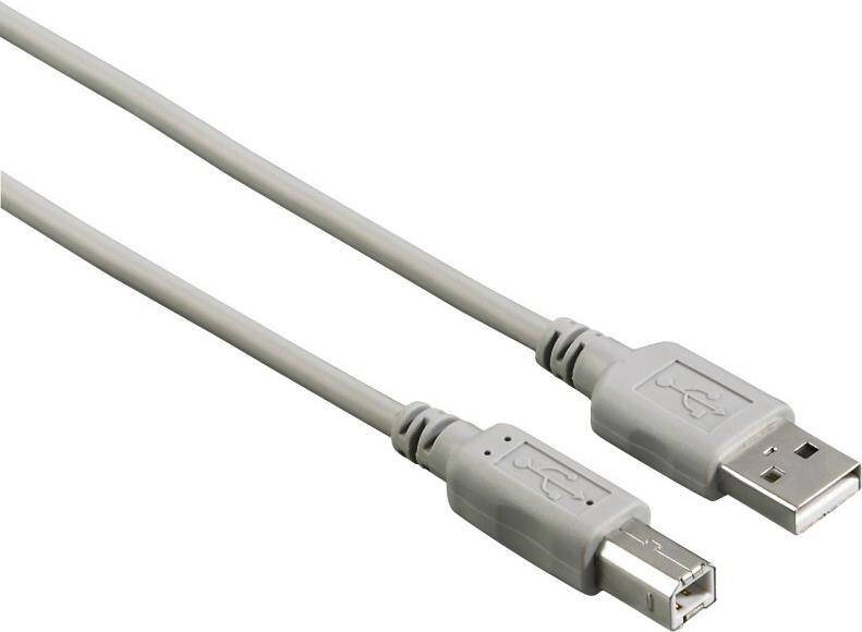 Zwei graue USB-Kabel mit Steckern, die nach rechts zeigen. Eines hat einen quadratischen USB-B-Stecker, das andere einen flachen USB-A-Stecker.