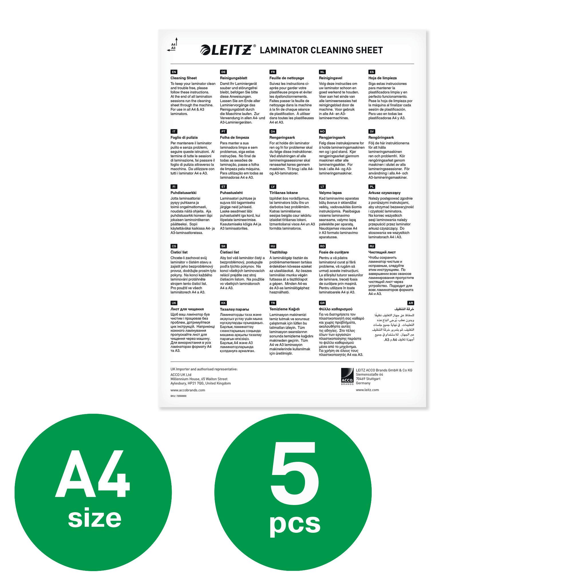 Leitz Laminiergerät-Reinigungstuch-Paket mit einem A4-Blatt und 5 Stück enthalten, mit grünen Symbolen für 