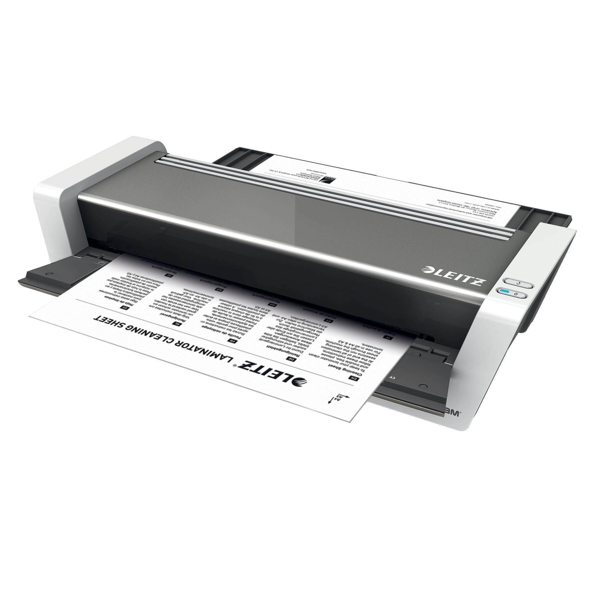 Laminator auf dem Schreibtisch, der ein Blatt Papier durch Walzen führt, wobei die laminierte Ausgabe an der Vorderseite austritt.