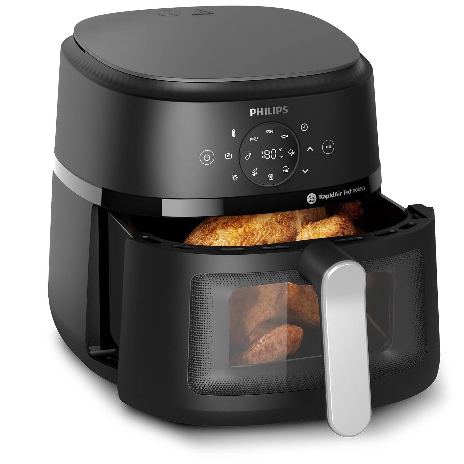 Schwarzer Philips Heißluftfriteuse-Ofen mit digitaler Anzeige und ausziehbarem Korb, mit Huhn im Inneren beim Garen.