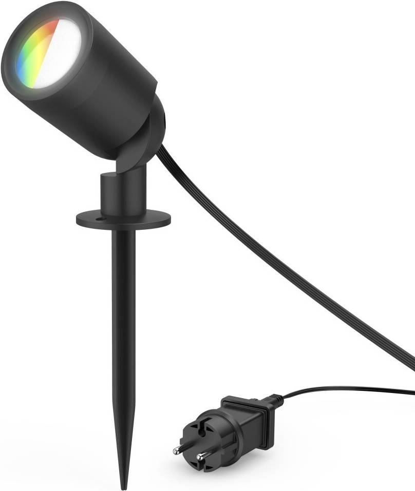 Outdoor-LED-Strahler mit Erdspieß, der ein Farbspektrum auf eine Oberfläche projiziert. Er verfügt über ein Stromkabel zum Anschluss.