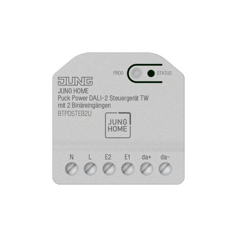 JUNG HOME Puck Power DALI-2 Steuermodul mit Statusanzeige und beschrifteten Klemmen N, L, E2, E1, da+, da-.