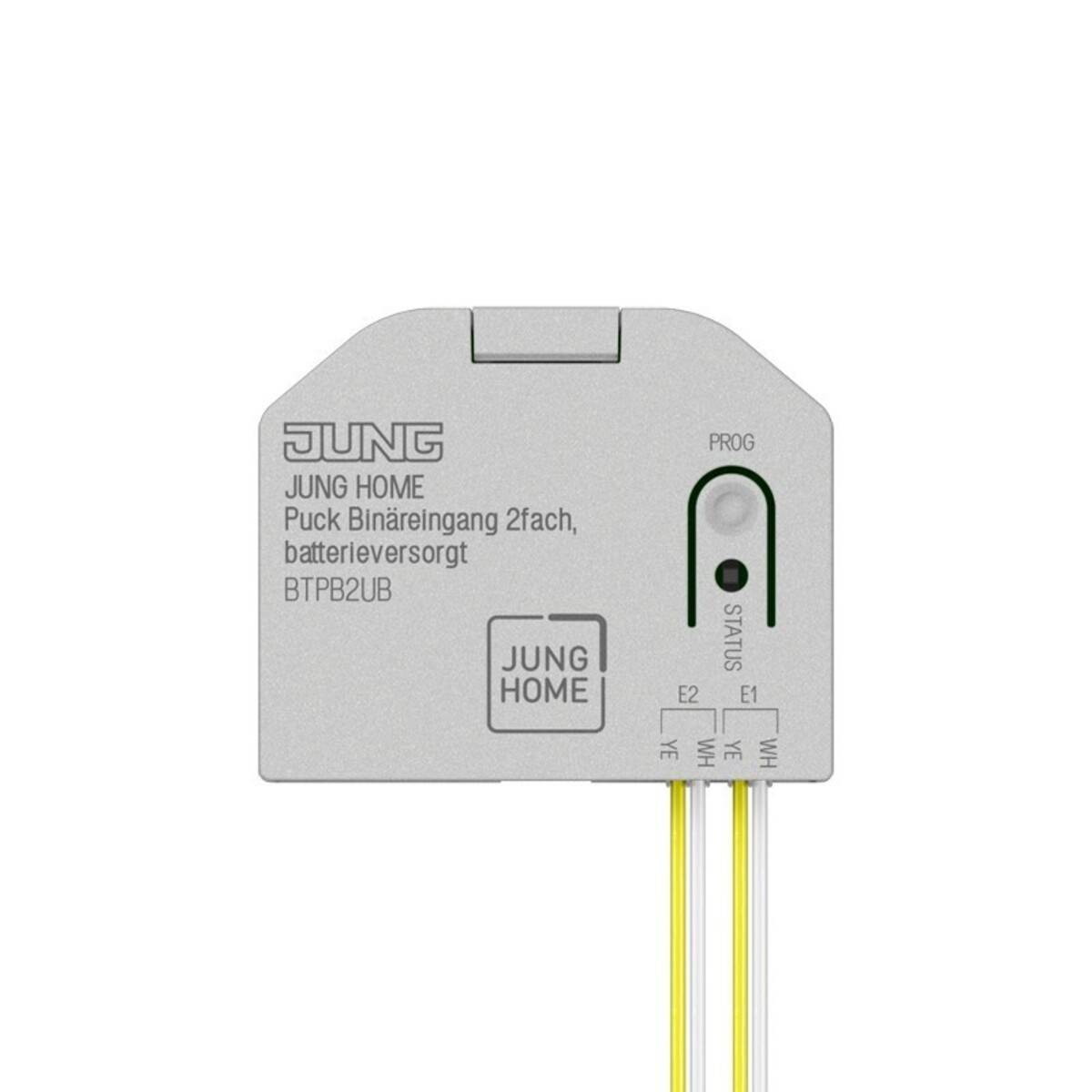 JUNG HOME batteriebetriebenes Dual-Kanal-Binäreingabemodul mit Status-/Programmindikator und vier verdrahteten Anschlüssen.