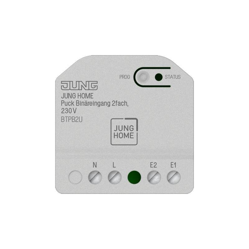 JUNG HOME Puck Binäreingabemodul, 2-fach 230V, mit PROG/STATUS-Anzeigelichtern und beschrifteten Anschlüssen N, L, E2 und E1.
