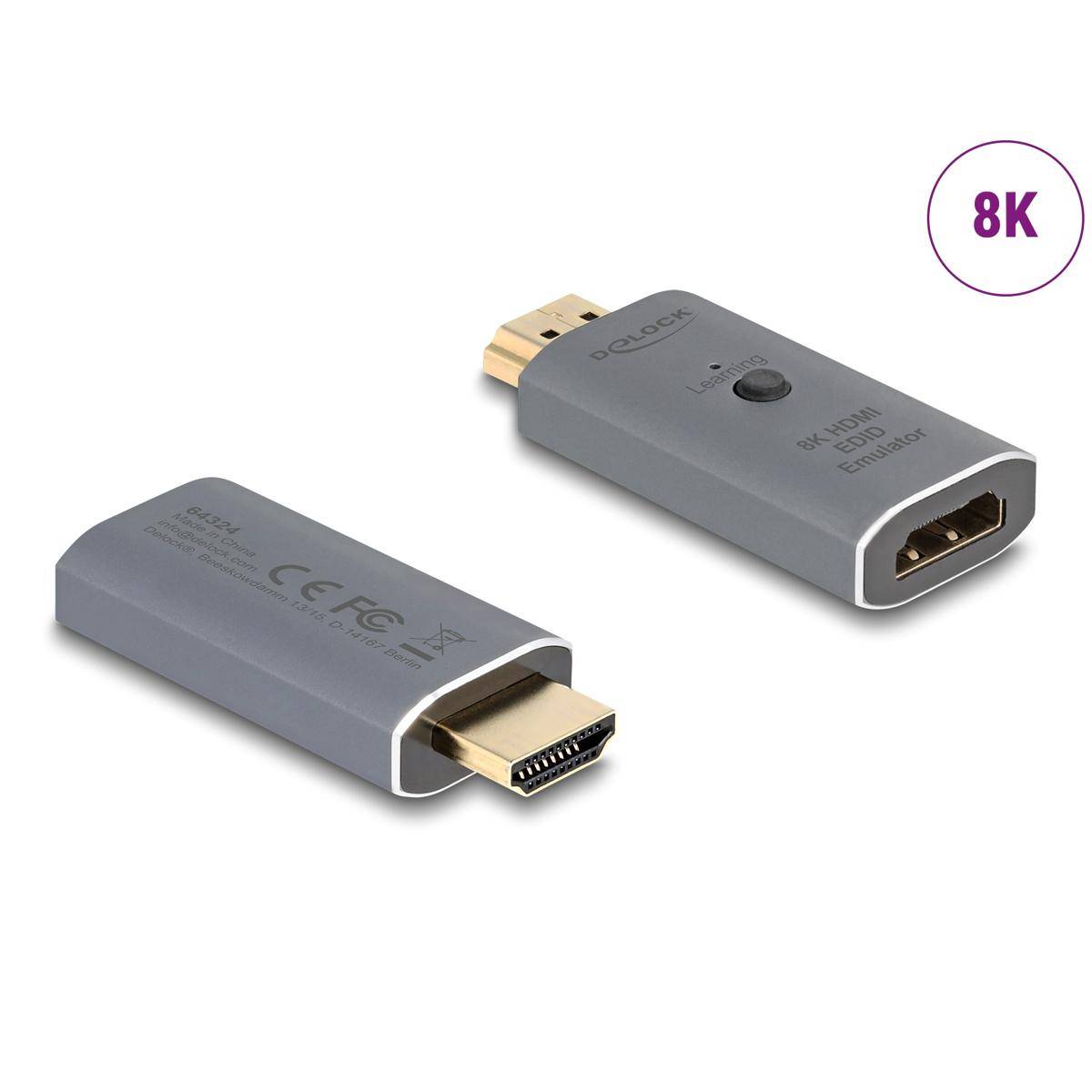 Zwei graue HDMI-Emulatoren auf weißem Hintergrund, eine mit der Aufschrift 8K, zeigt HDMI-Stecker und HDMI-Buchse.