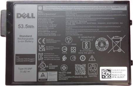 Dell Akku, Li-Ion, 11,4V, 42Wh. Modell: P82G. Sicherheitssymbole und QR-Code enthalten. Mehrere Zertifizierungen und Konformitätslogos.