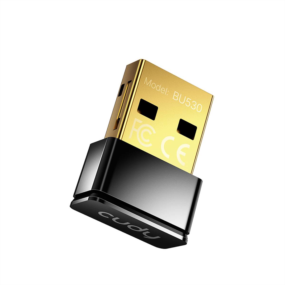 Nahaufnahme eines kleinen gold-schwarzen USB-Wireless-Adapters mit der Bezeichnung „Modell: BU530