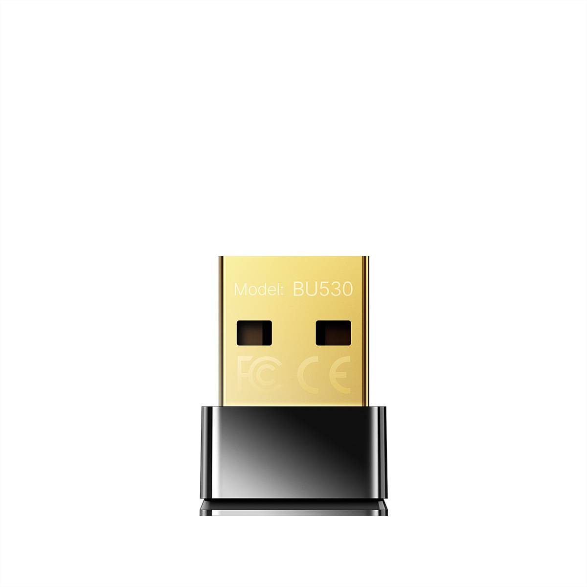 Nahaufnahme eines goldenen kabellosen USB-Adapters mit der Bezeichnung „Modell: BU530