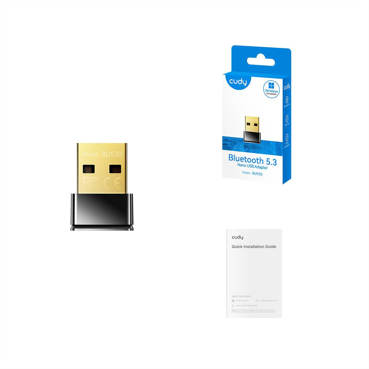 Cudy Bluetooth 5.3 Nano USB-Adapter mit seiner Einzelhandelsverpackung und Schnellinstallationsanleitung gezeigt.