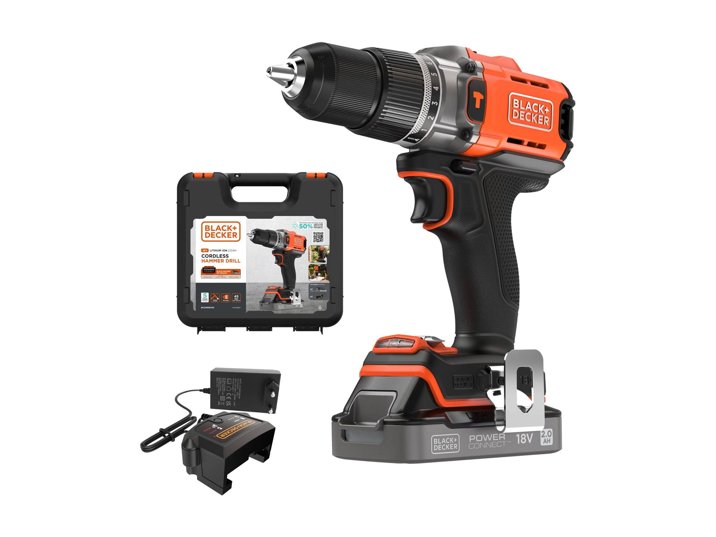 Black+Decker 18V Akku-Bohrschrauber-Set mit Transporttasche, Batterieladegerät und Akku auf weißem Hintergrund.