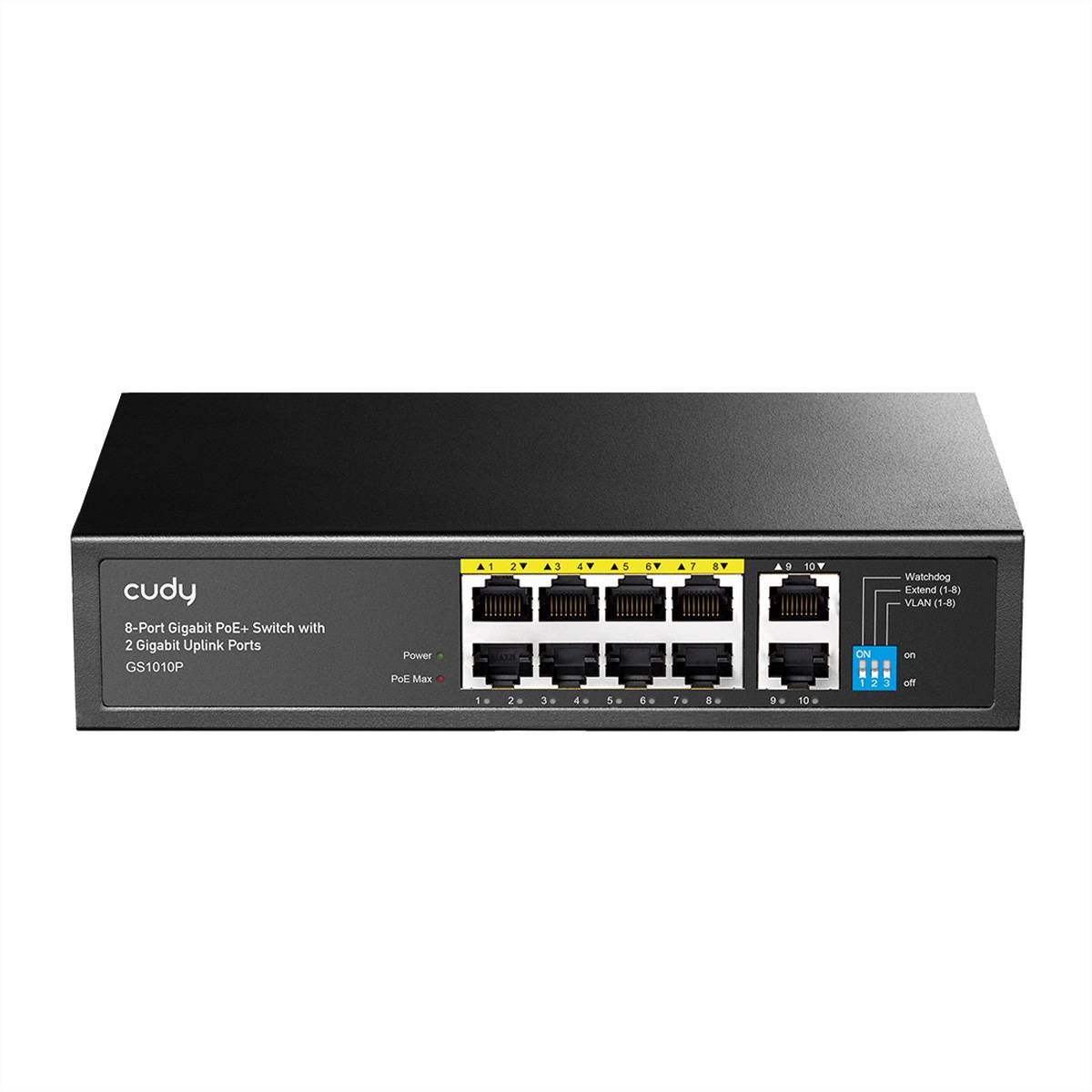 Cudy 8-Port-Gigabit-PoE+-Switch mit 2 Uplink-Ports, Frontplatte mit 10 Ethernet-Ports und Power-/Status-Indikatoren.