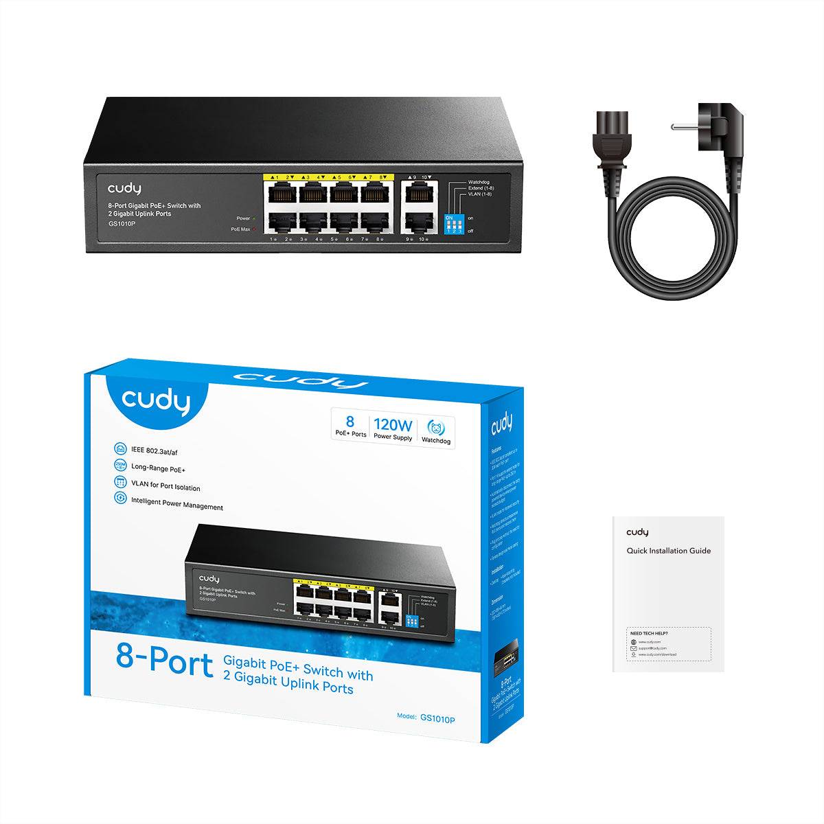 Cudy 8-Port Gigabit PoE+-Switch mit 2 Uplink-Ports, Netzteil und Schnellinstallationsanleitung, gezeigt mit Produktverpackung.