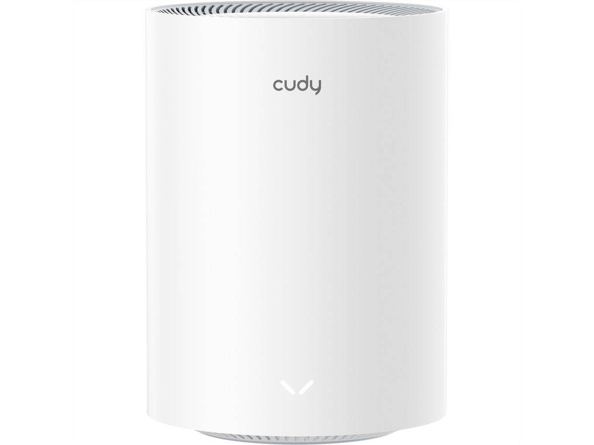 Weißer Cudy Mesh-Wi-Fi-Router mit zylindrischem Design und kleinem beleuchteten Logo auf der Vorderseite.