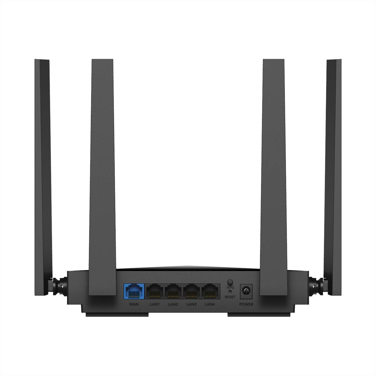 Router aus schwarzem Material mit vier Antennen, Vorderansicht, zeigt WAN- und vier LAN-Anschlüsse sowie Einschaltknopf.