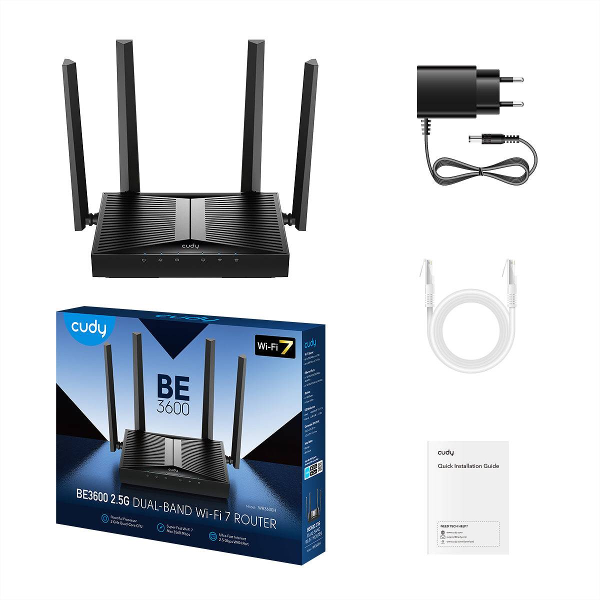 Cudy BE3600 Wi-Fi 7 Dualband-Router mit vier Antennen, Netzteil, Ethernet-Kabel und Schnellinstallationsanleitung, shown with retail box.