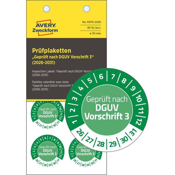 Prüfplaketten Geprueft nach DGUV 2026-2031 Vinyl 30mm 80 Stück