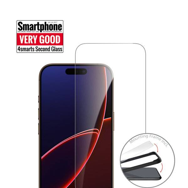 Schutzfolie für Smartphone-Bildschirm mit Werbung, die ein Telefon mit transparenter gehärteter Glasabdeckung und Befestigungsrahmen zeigt; das Etikett sagt „SEHR GUT