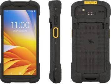 Ein robustes, industrielles Smartphone mit verstärktem Rahmen, gezeigt aus Front-, Seiten- und Rückansicht, mit einem farbenfrohen Display.