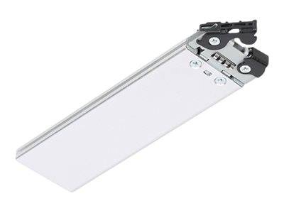 Weißes rechteckiges LED-Leuchtpanel mit einer Metallmontageklammer und schwarzer Endbeschlagnahme auf weißem Hintergrund.