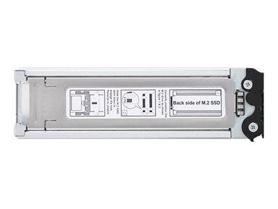 Eine Metall-M.2-SSD mit einer Laufwerkschublade und gedruckten Installationsanweisungen auf der Rückseite.