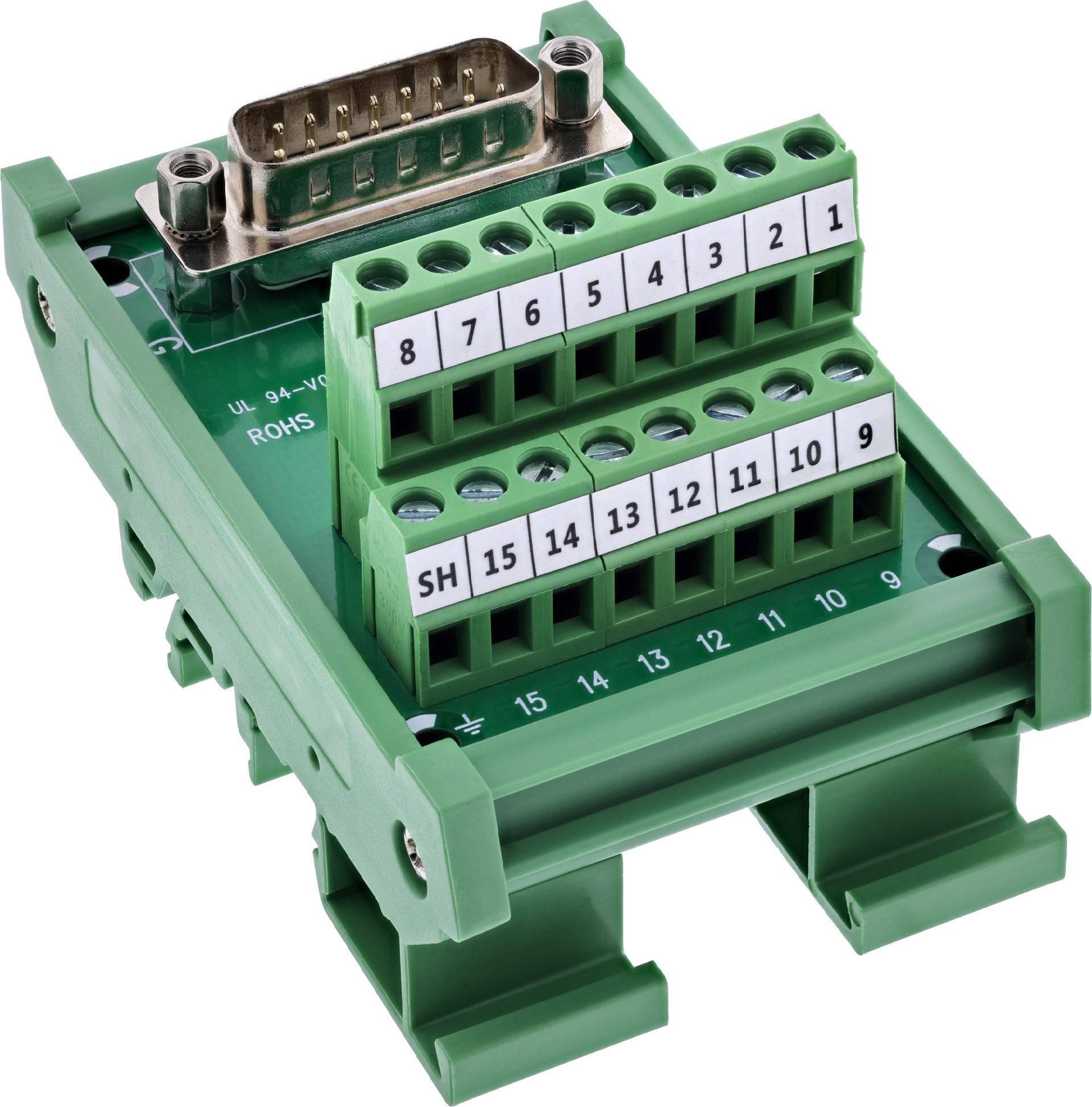 InLine® D-Sub 15 Terminalblock, Stecker, Hutschiene, Schraubklemmen Adapter / Konverter