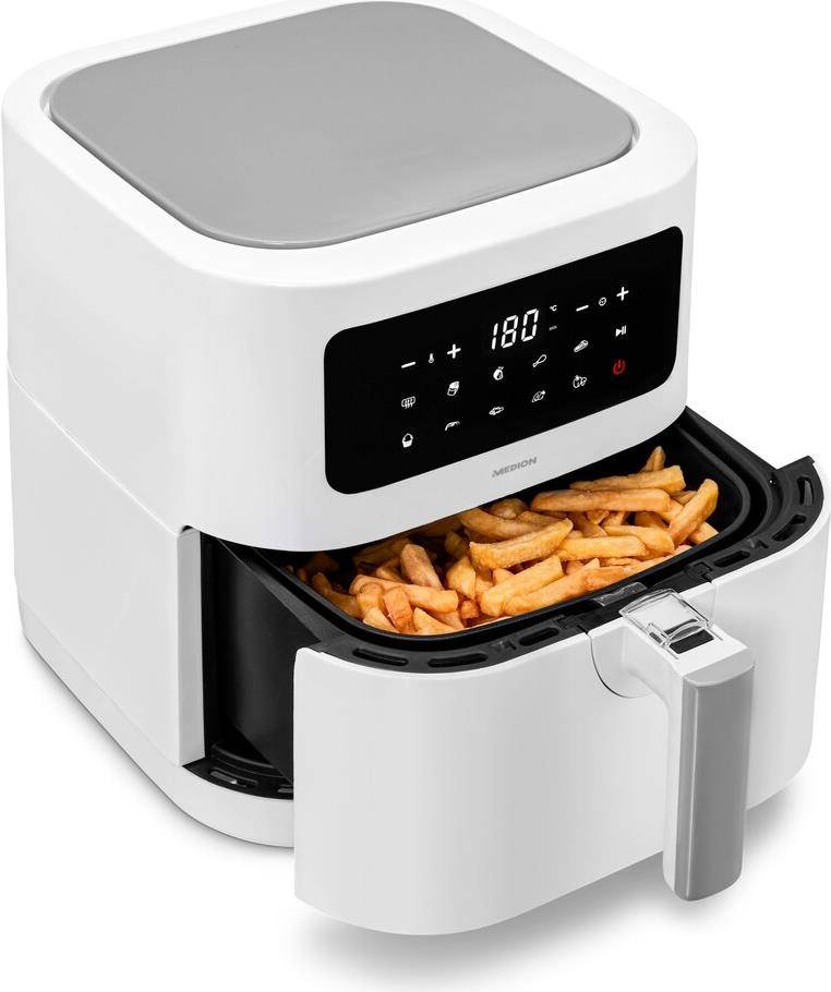 MEDION E40 XL Heißluftfritteuse (5,2 Liter, Airfryer, 2.150 Watt, 9 Automatikprogramme, Backfunktion, ölfreies