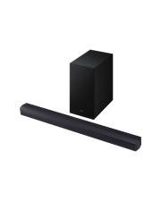Schwarze Soundbar und passender Subwoofer-Lautsprecher auf weißem Hintergrund.