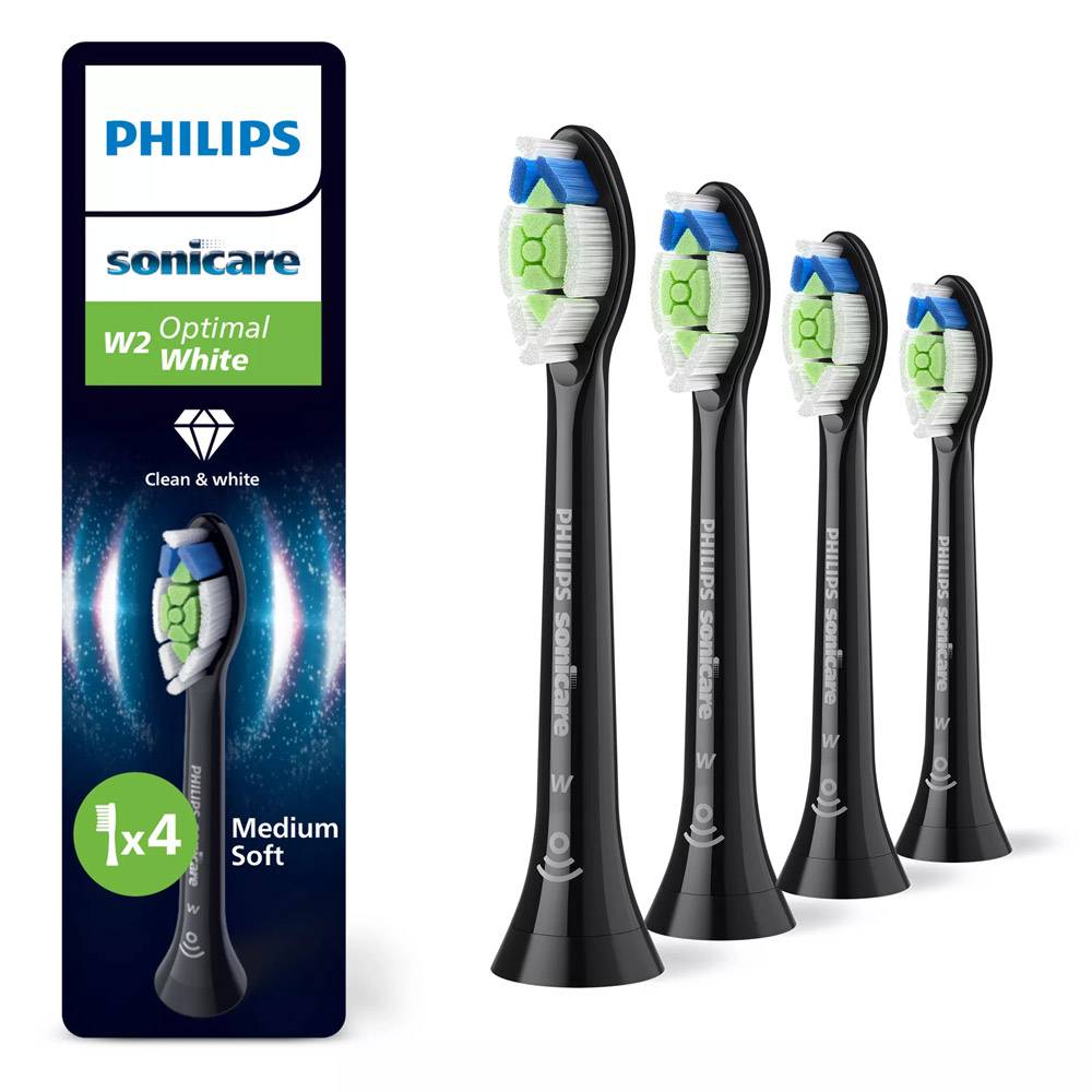 Philips Sonicare W2 Optimal White Zahnbürstenköpfe, 4er-Pack, mittelweich, abgebildet mit Verpackung und vier schwarzen Ersatzköpfen.