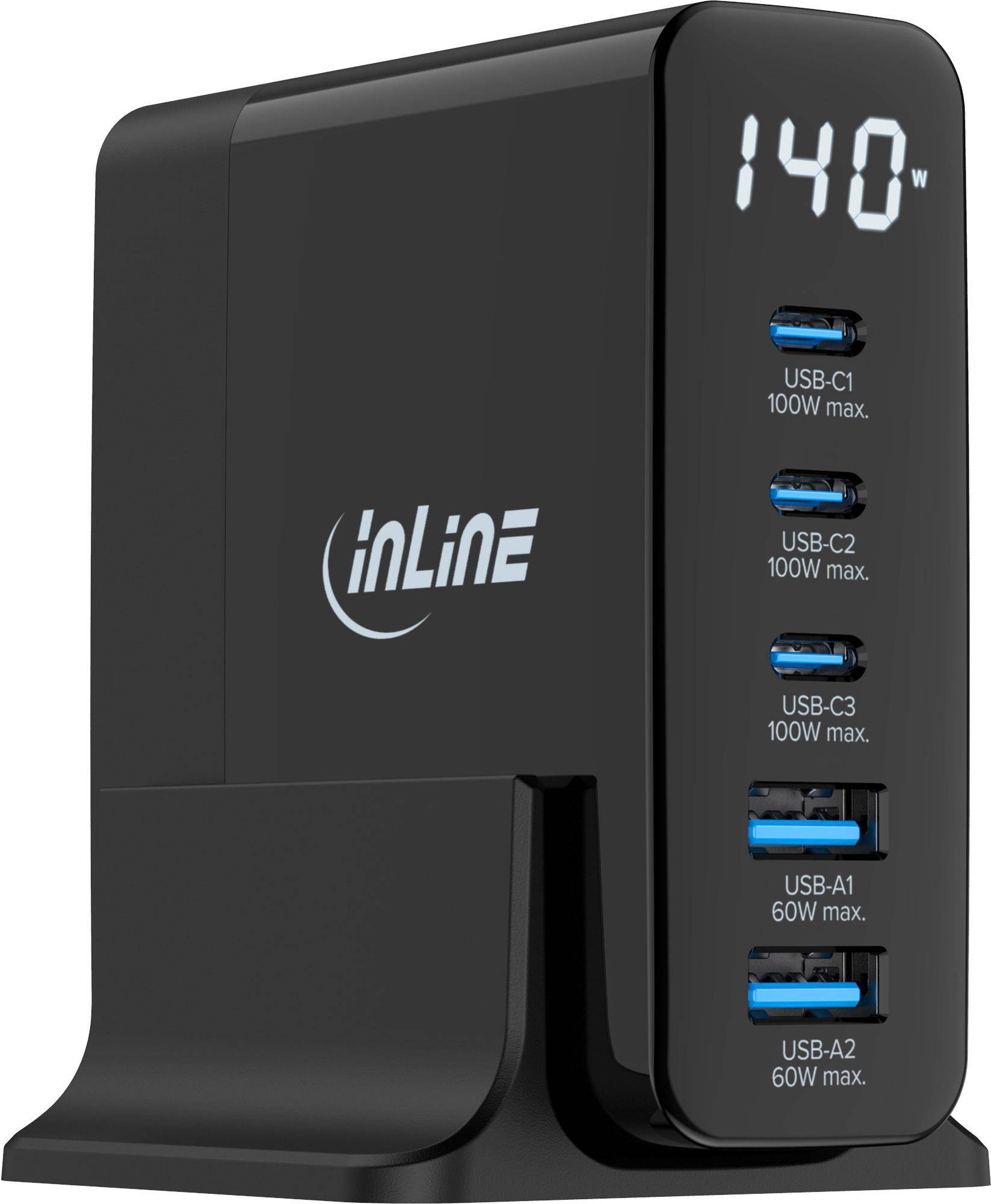 InLine® USB PD Netzteil, GaN Ladegerät, 5-Port, USB-C + USB-A, 140W, mit Display Strom / Energie /