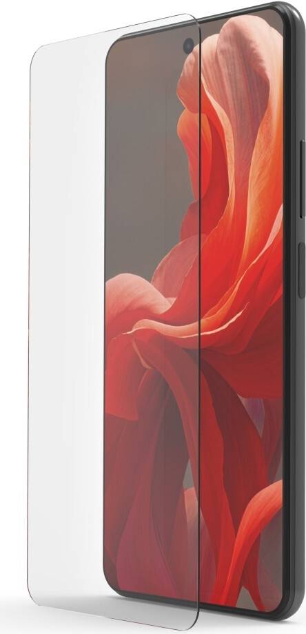Ein Nahaufnahmebild eines modernen Smartphones mit einer leuchtend roten Blume auf dem Bildschirm, das das schlanke Kantenendesign des Telefons zeigt.