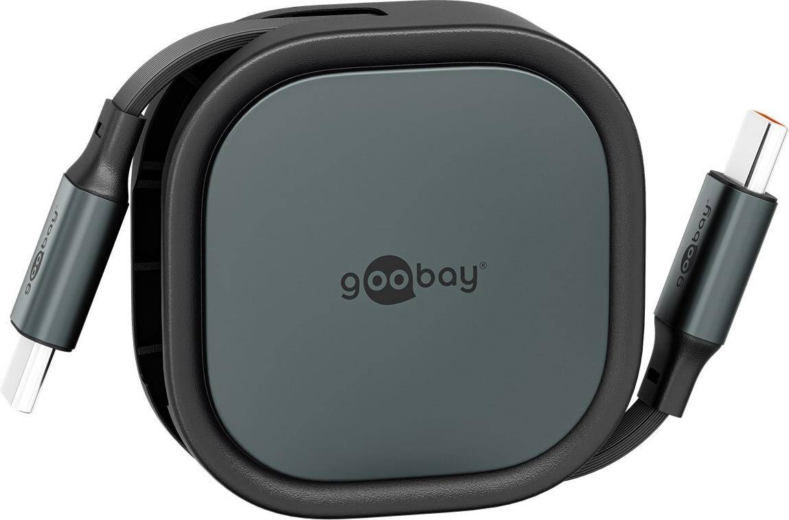 Goobay Selbstaufrollendes USB-C-Kabel, 1 m, Flachkabel, 5 Längenstufen, 480 Mbits, 57 W, 3 A - Farbe: schwarz / silber