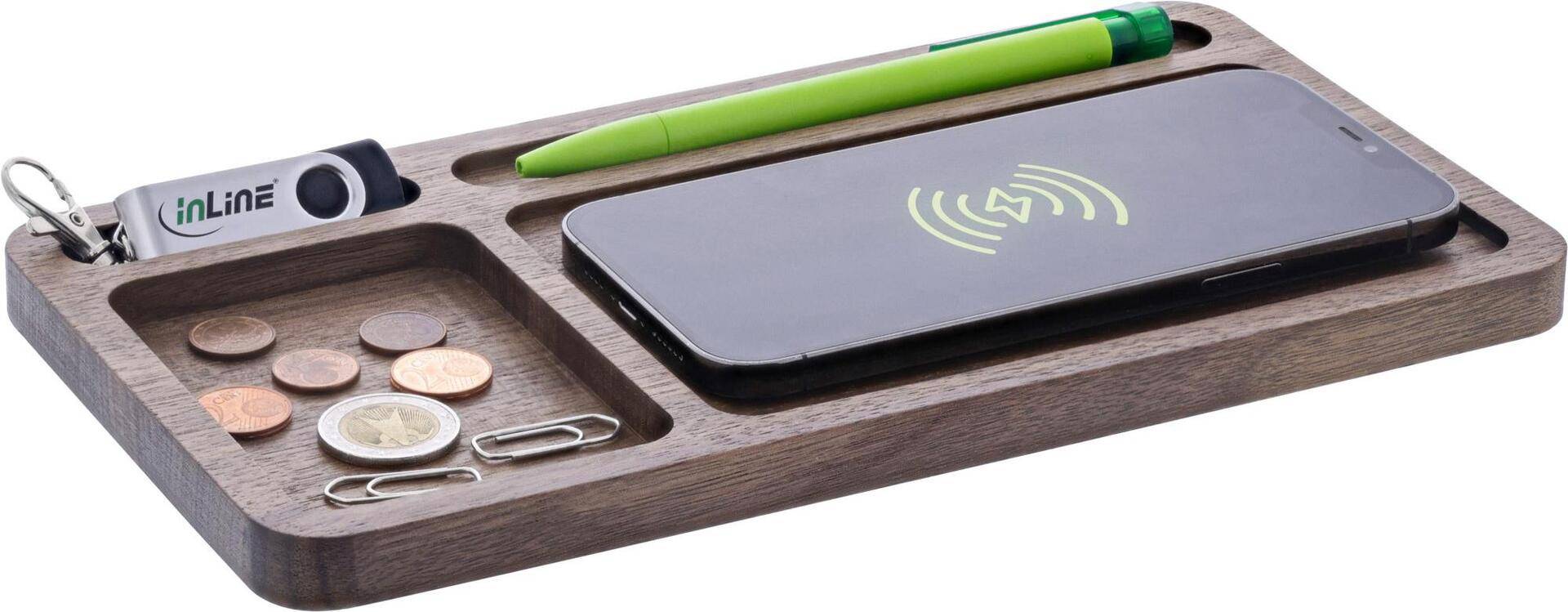 InLine WoodCharge – Organizer mit integrierter Qi-Ladefläche aus Walnuß-Holz (33392Y)