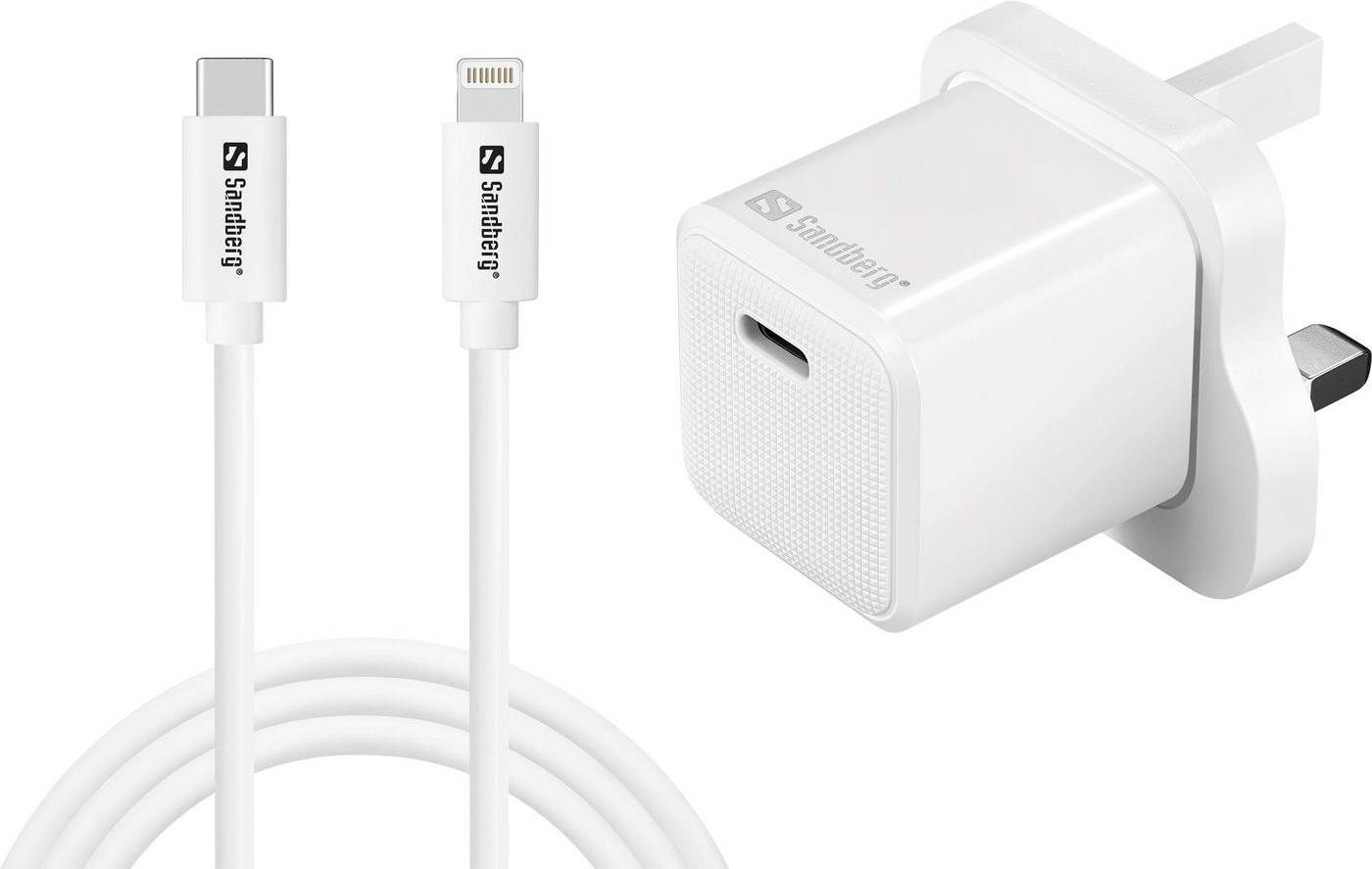 Ein weißes USB-Wandladegerät mit USB-Kabel, ausgestattet mit einem Lightning-Connector, konzipiert zum Laden kompatibler Geräte.