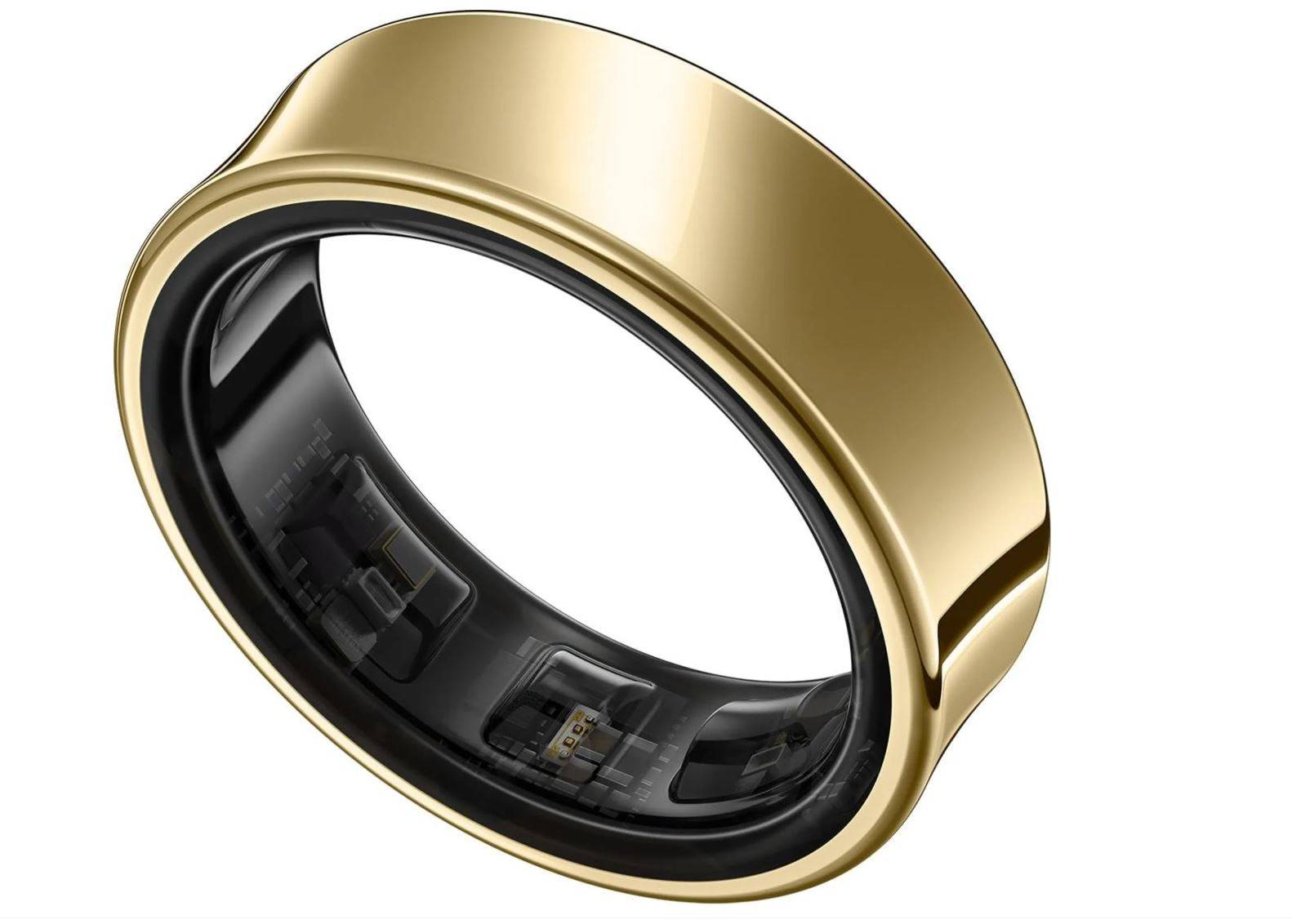 Ein Goldring mit glänzender Oberfläche und elegantem schwarzem Innenband, mit minimalistischen Designelementen.