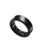 Schwarzer intelligenter Ring auf einfachem weißem Hintergrund, angewinkelt um sein Äußeres und innere Sensoren zu zeigen.