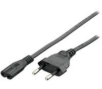 Schwarzes Stromkabel mit europäischem zweipoligem Stecker auf einer Seite und einem zweilochigen Anschluss auf der anderen Seite.