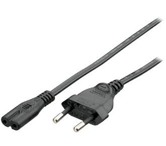 Schwarzes Stromkabel mit einem zweipoligen europäischen Stecker auf der einen Seite und einem Achterform-Stecker auf der anderen Seite.