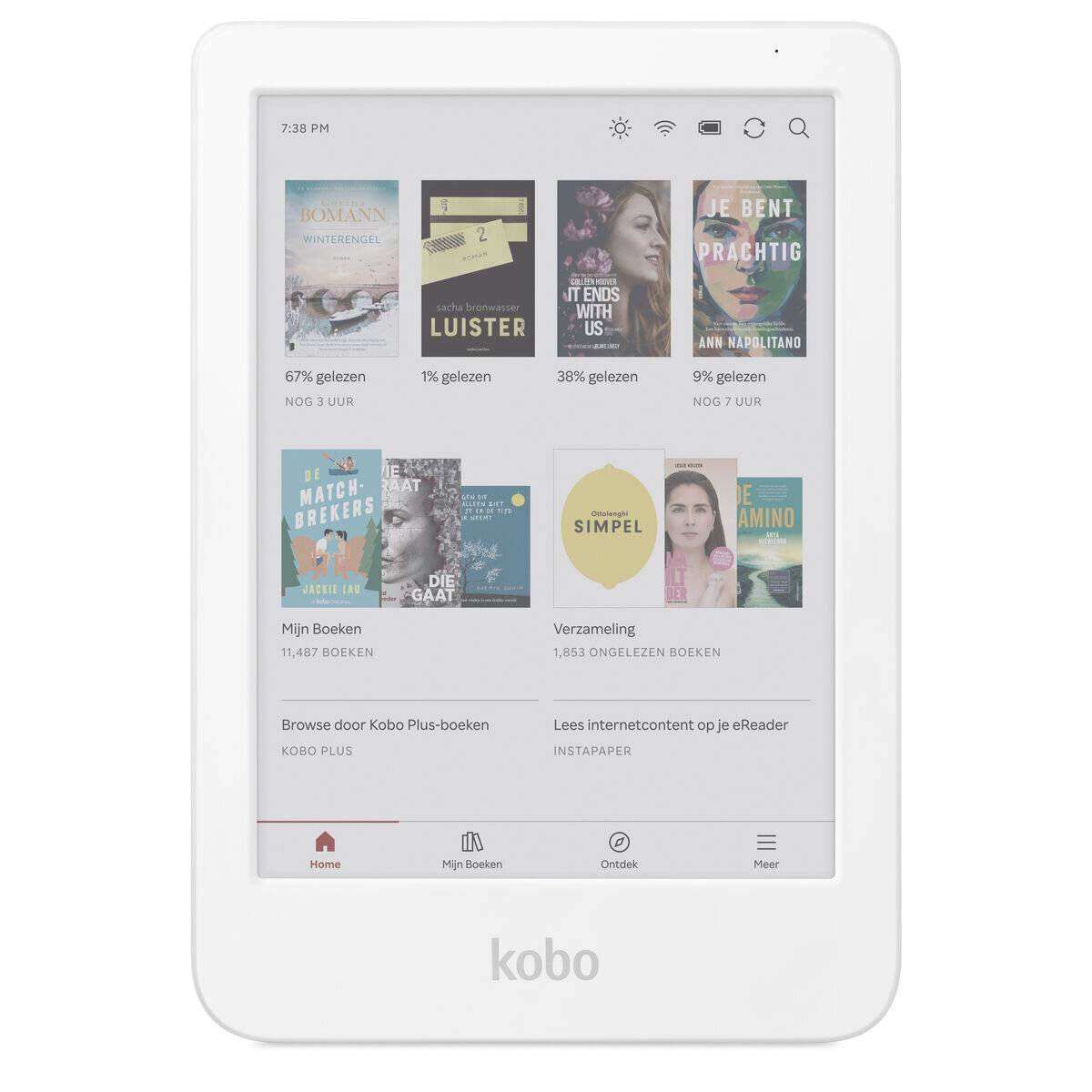 Ein E-Reader-Bildschirm zeigt eine Bibliotheksschnittstelle mit mehreren angezeigten Buchcovern. Er zeigt Buchtitel, Autoren und Lesefortschritt an.