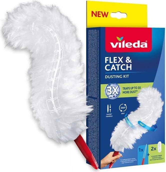 Das Bild zeigt ein Vileda Flex & Catch Dusting Kit-Paket mit einem weißen Staubwedel. Die Verpackung hebt hervor: „Fängt bis zu 3x mehr Staub