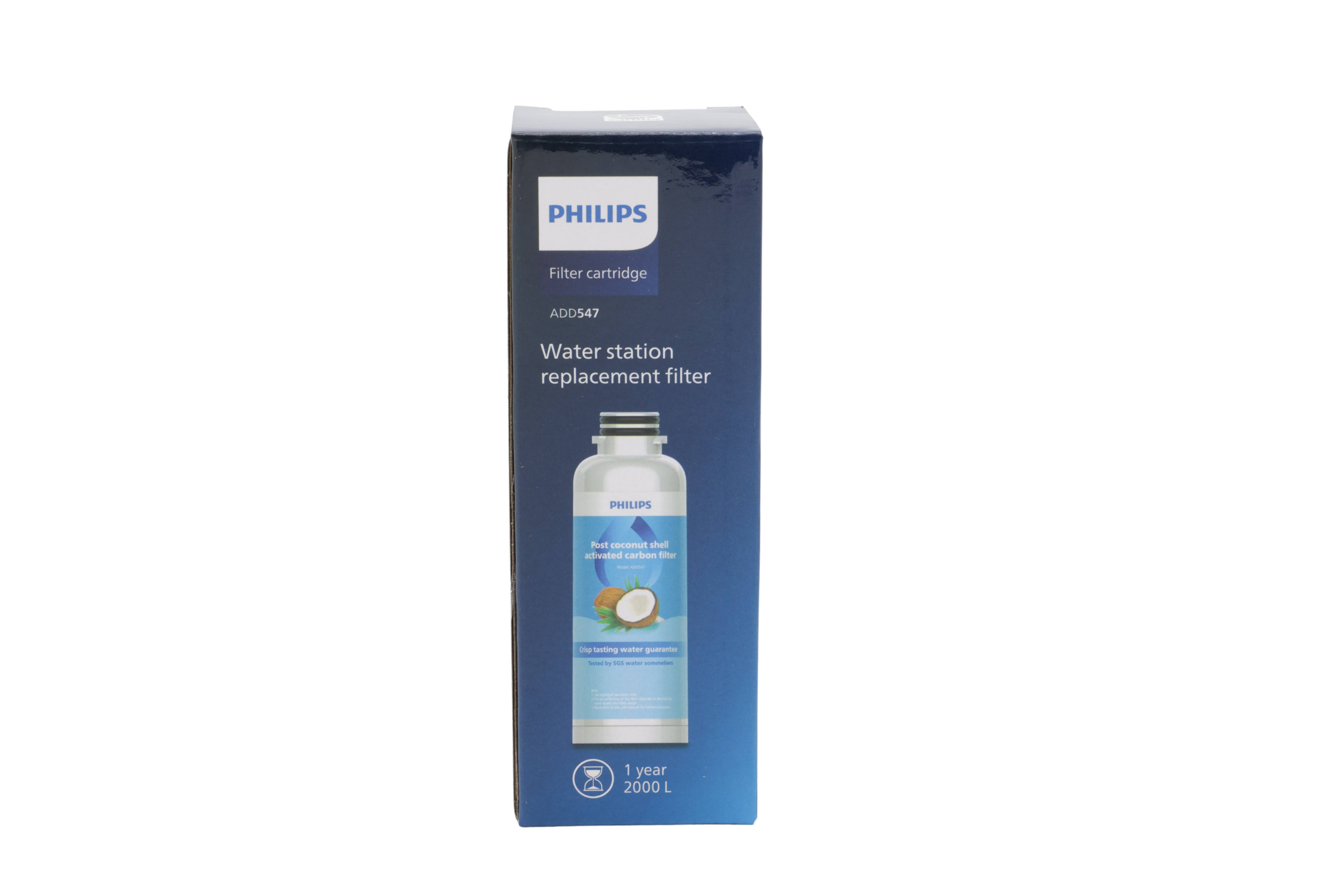 Philips Wasserstationsersatz-Filterkartuschenbox, dunkelblau verpackt mit Produktabbildung auf der Vorderseite.
