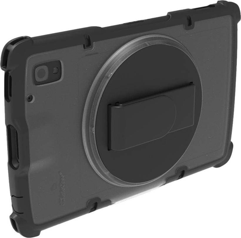 Ein schwarzes schützendes Tablet-Etui mit einem kreisförmigen, drehbaren Handgriff auf der Rückseite, das für Langlebigkeit und einfache Handhabung konzipiert ist.
