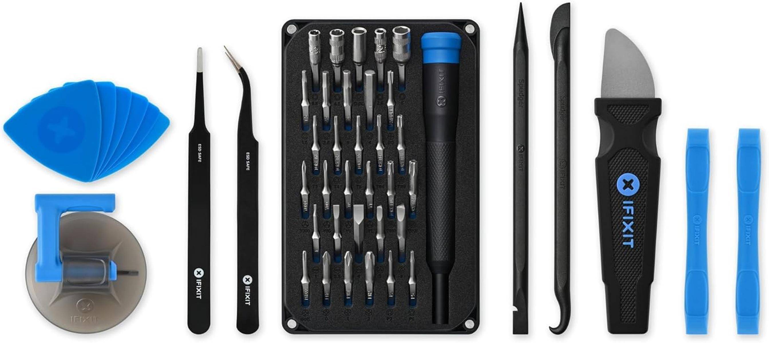 Sortierter Handy-Reparaturwerkzeugsatz mit Saugnapf, Öffnungshebeln, Präzisions-Schraubendrehern, Bits-Set, Spudgern, Pinzetten und Universalmesser.
