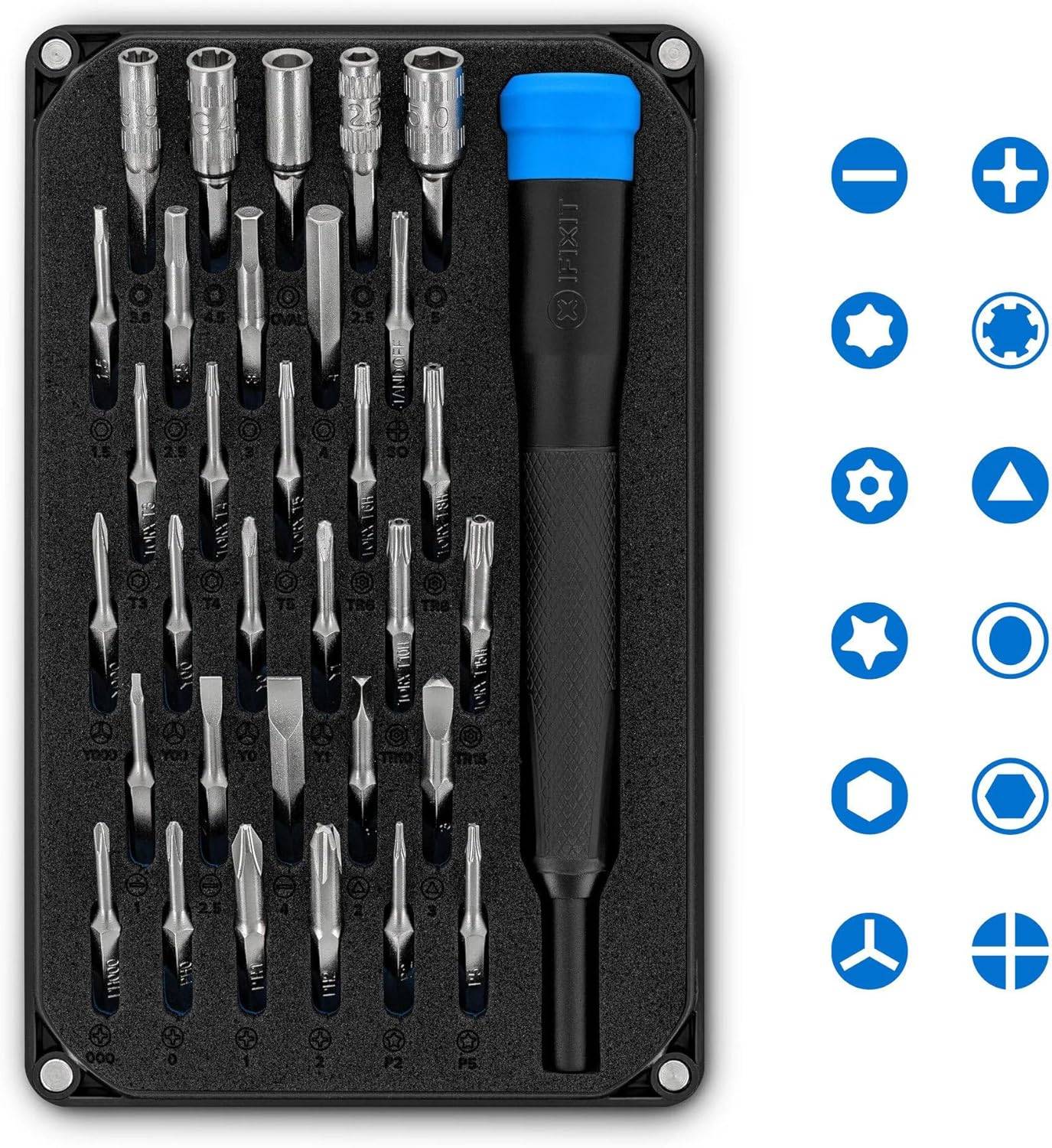 Bit-Werkzeugsatz in Schaumstoffkoffer mit schwarzblauem Griff und mehreren Schraubendreher-Bits; Seitensymbole zeigen enthaltene Bit-Typen wie Schlitz-, Kreuzschlitz-, Torx-, Sechskant- und Sicherheits-Bits.